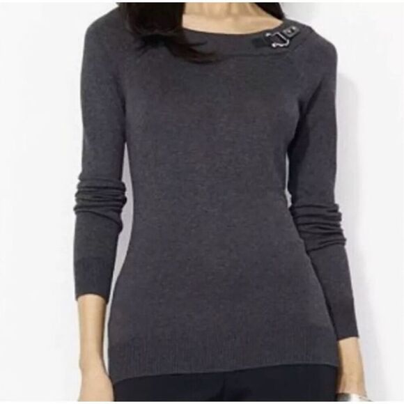 ✨Lauren Ralph Lauren Buckle Boatneck Grey Sz Large Sweater✨ - Picture 2 of 11